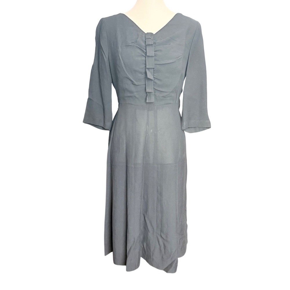 Mynette Charcoal Gray Ruched Midi Dress 3/4 Sleeve Pleated‎ Size 16.5 Vintage
